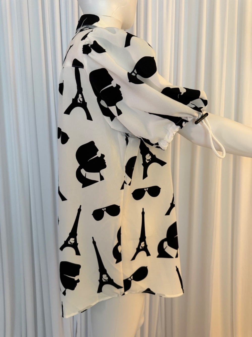 Karl Lagerfeld Paris Eiffel Tower Graphic Blouse L NWOT Toggle Sleeve Shirt - Picture 6 of 16